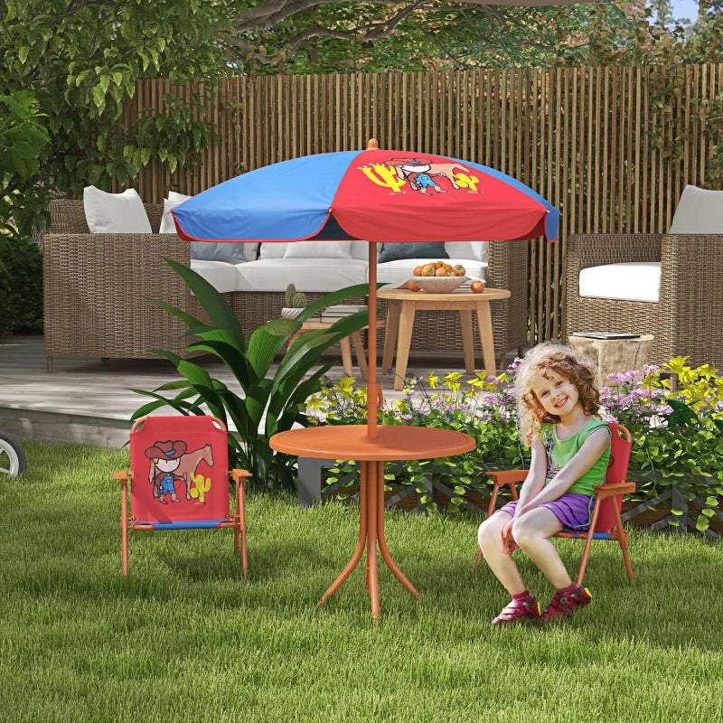 Kids Picnic Table and Chair Set, Cowboy Themed Outdoor Garden Furniture w/ Foldable Chairs, Adjustable Parasol