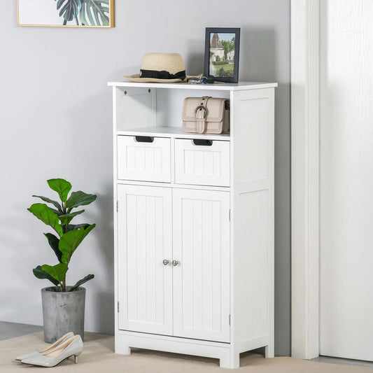 Free Standing White Bathroom Storage Cabinet with 2 Drawers and Adjustable Shelf