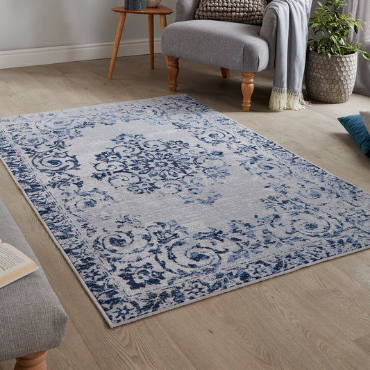 Washable Rug Faraday by Dreams & Drapes Design in Blue