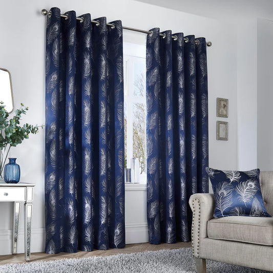 Feather Eyelet Curtains & Cushion by Curtina in Navy