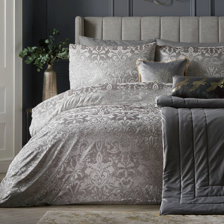 Silver Firenza Damask Jacquard Velvet Duvet Cover Set by Laurence Llewelyn-Bowen