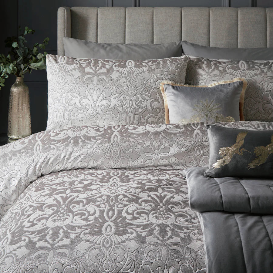 Silver Firenza Damask Jacquard Velvet Duvet Cover Set by Laurence Llewelyn-Bowen