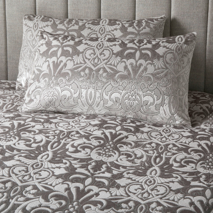 Silver Firenza Damask Jacquard Velvet Duvet Cover Set by Laurence Llewelyn-Bowen