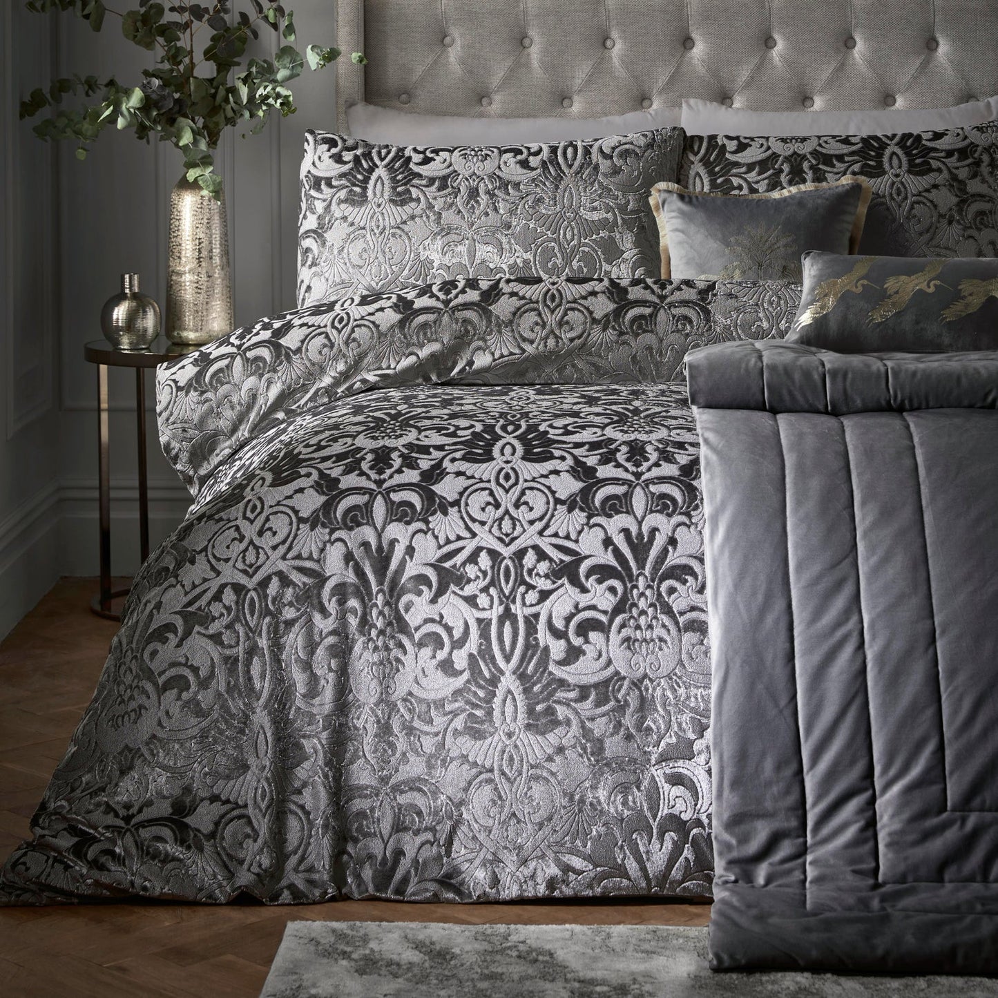 Slate Firenza Damask Jacquard Velvet Duvet Cover Set by Laurence Llewelyn-Bowen