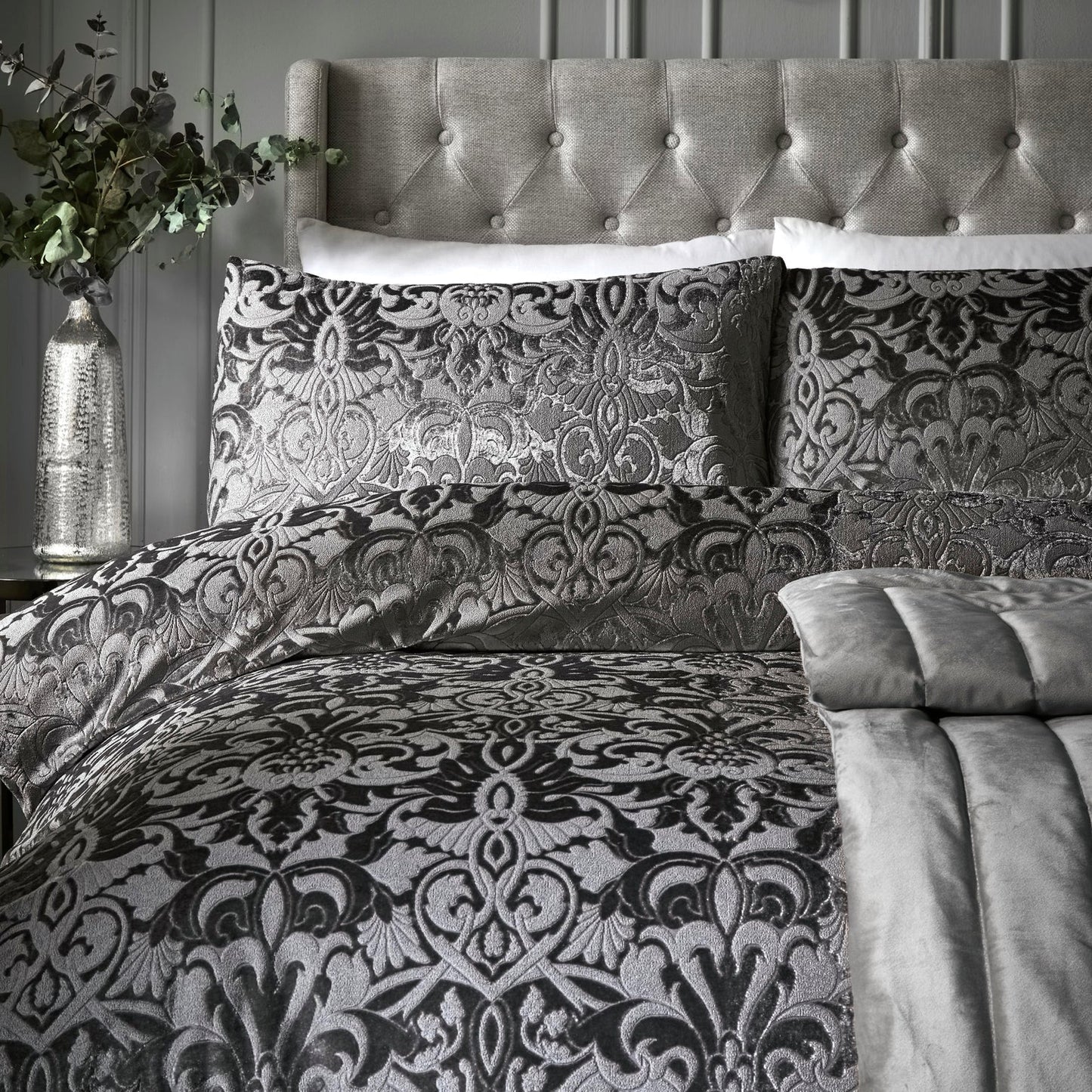 Slate Firenza Damask Jacquard Velvet Duvet Cover Set by Laurence Llewelyn-Bowen