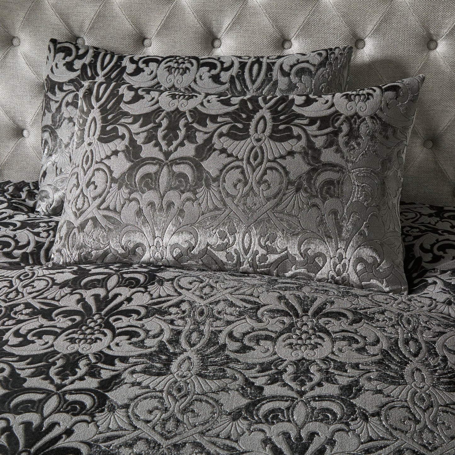 Slate Firenza Damask Jacquard Velvet Duvet Cover Set by Laurence Llewelyn-Bowen