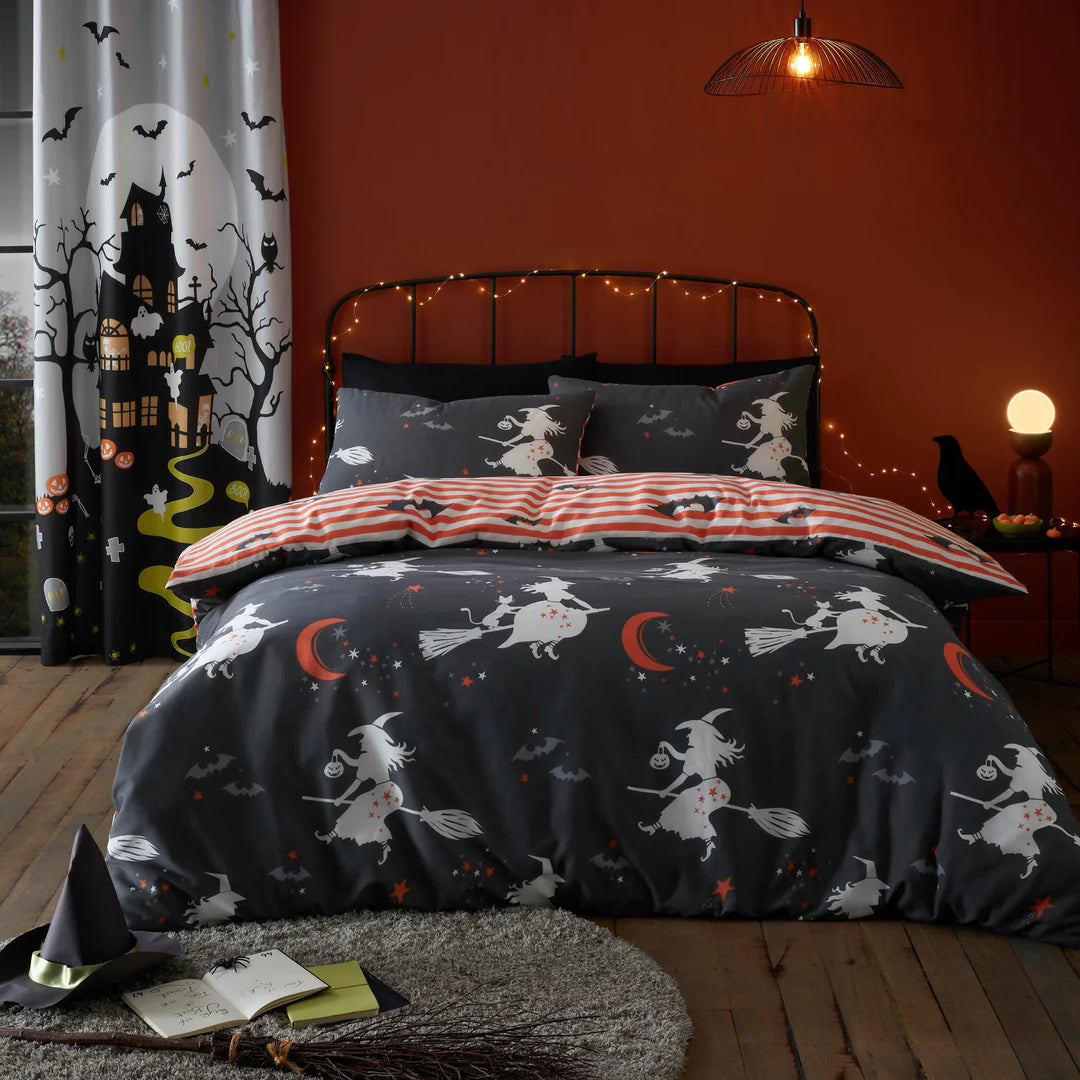 Halloween Flying Witches Duvet Cover Set by Bedlam in Charcoal