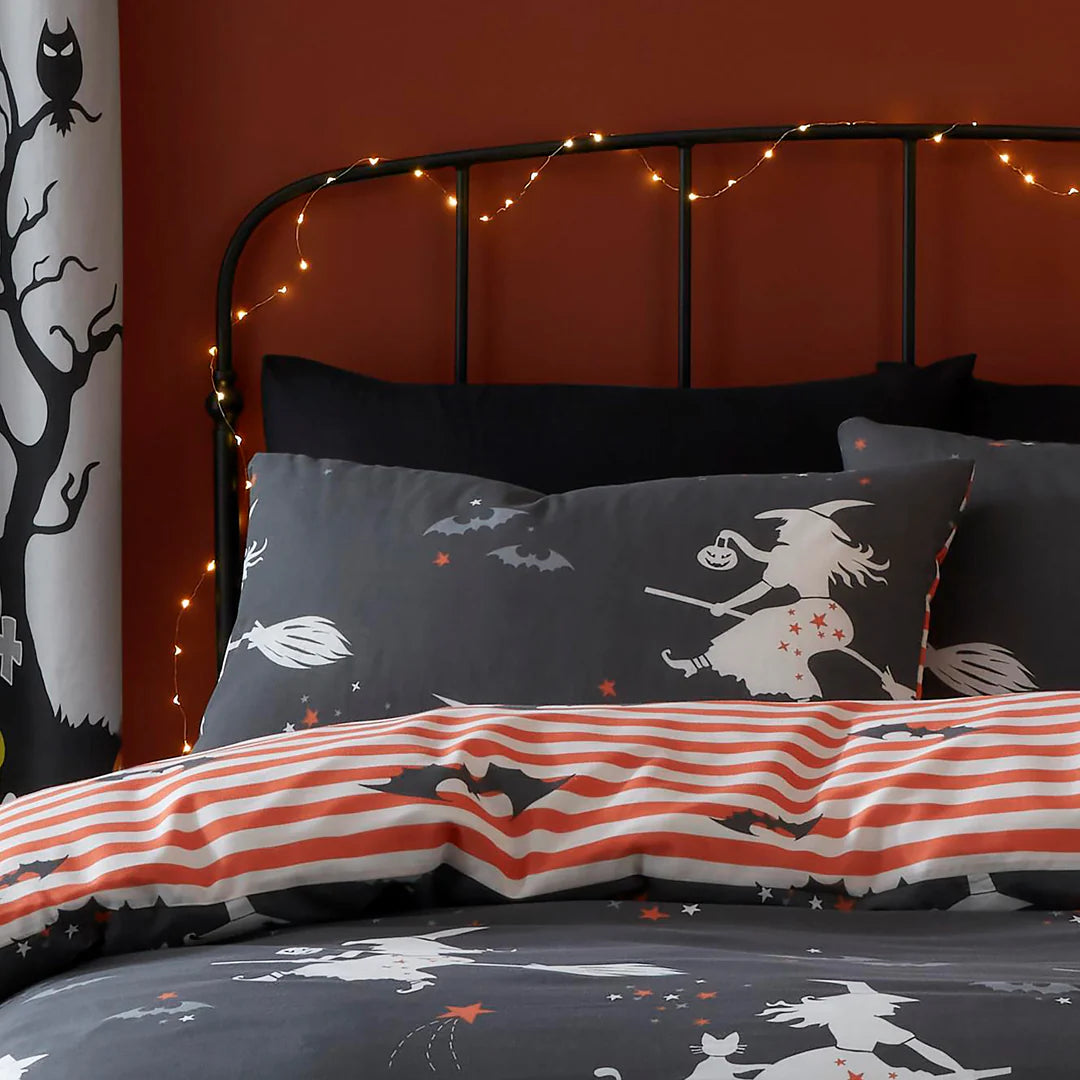 Halloween Flying Witches Duvet Cover Set by Bedlam in Charcoal