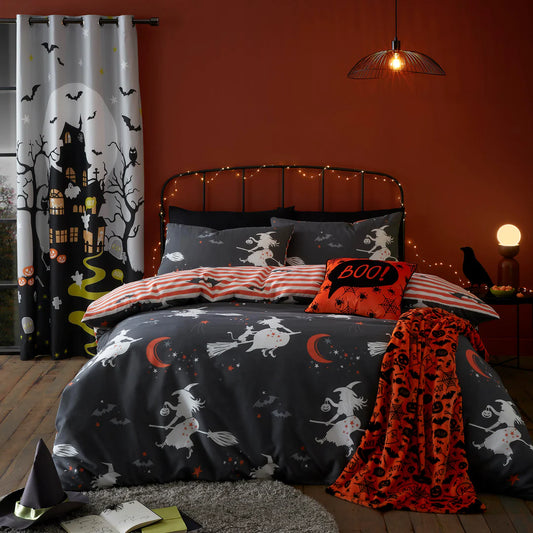 Halloween Flying Witches Duvet Cover Set by Bedlam in Charcoal