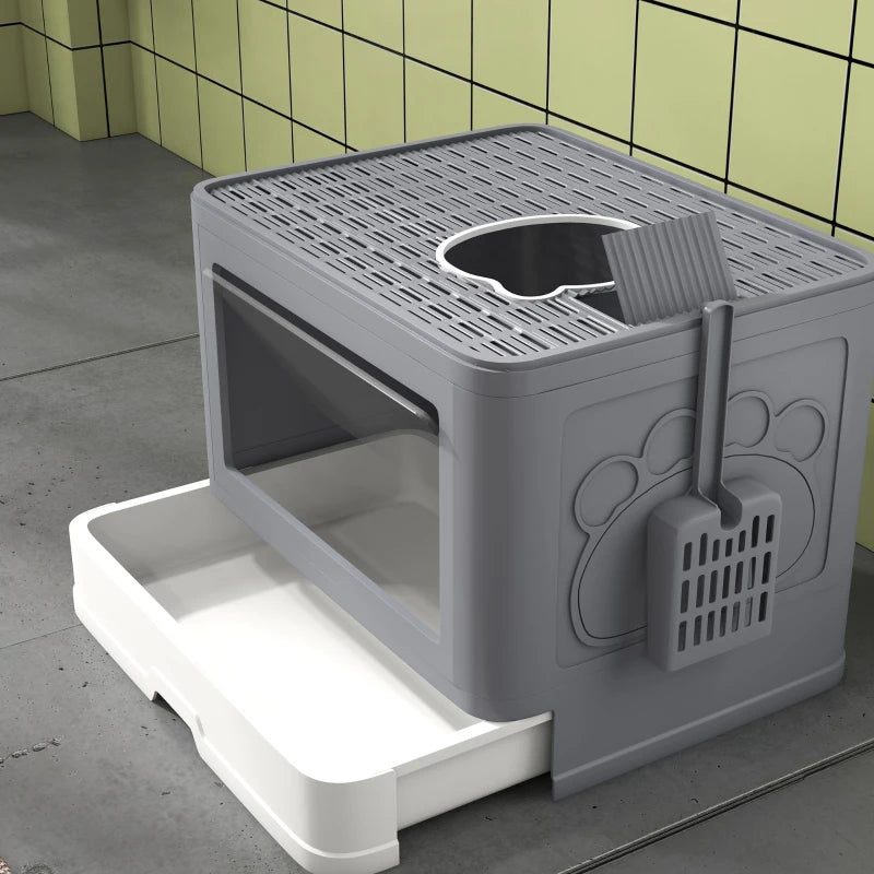 Enclosed Cat Litter Box with lid, Front Entry, Top Exit, Drawer, Tray, Scoop, Brush, 48.5 x 38 x 36.5cm - Grey