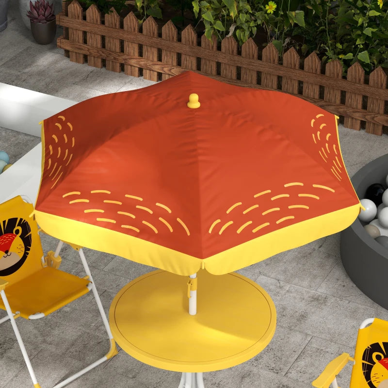 Kids Picnic Table and Chair Set, Lion Themed Outdoor Garden Furniture w/ Foldable Chairs, Adjustable Parasol - Yellow