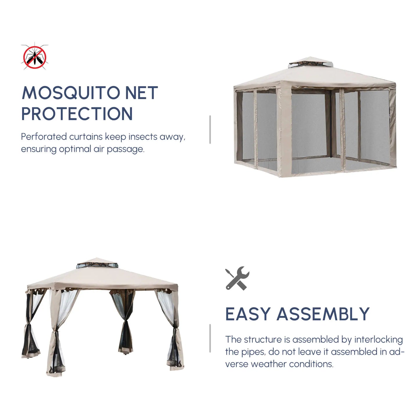 Taupe Outdoor Gazebo - 2-tier Roof with Netting