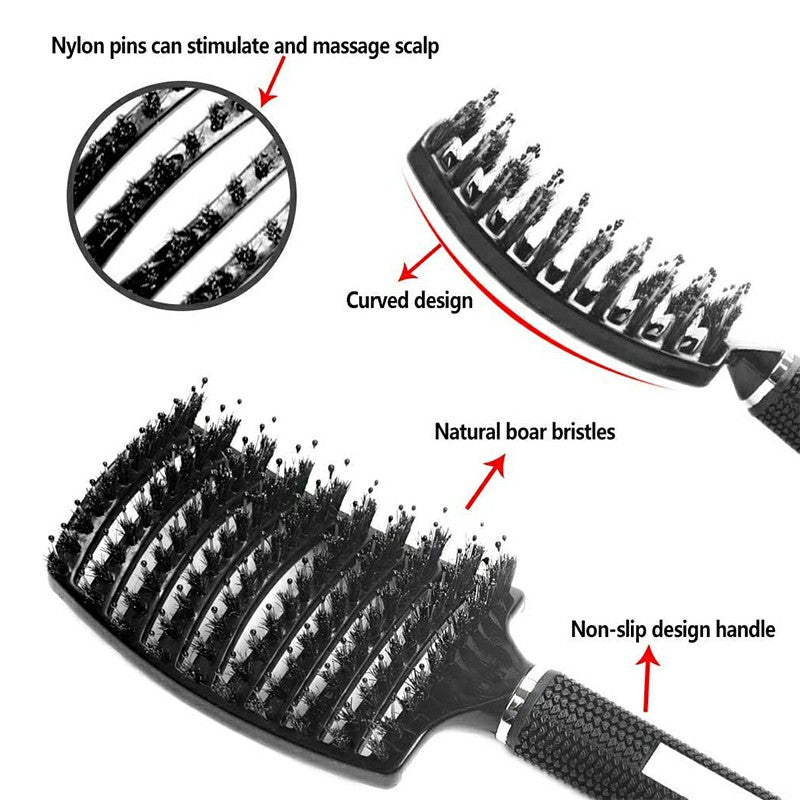 Natural Boar Bristle Detangling Nylon Brush Large Curved Curly Hair Styler