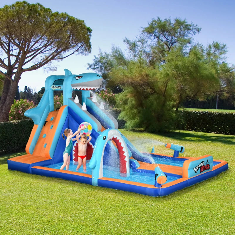 6 in 1 Shark-Themed Bouncy Castle, Inflatable Water Park, with Slide, Pool, Trampoline, Blower, for Ages 3-8 Years