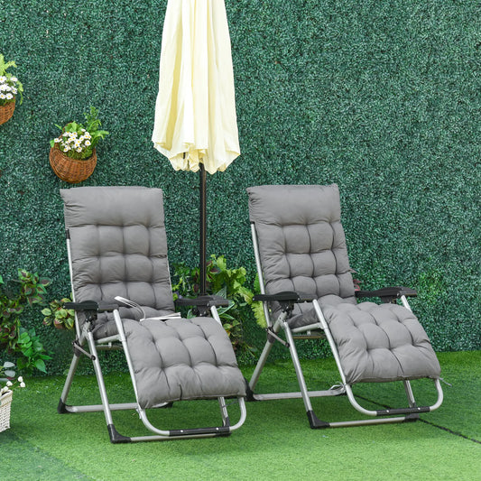 2-Piece Zero Gravity Reclining Garden Chairs with Cushions & Headrests – Folding Sun Loungers - Dark Grey