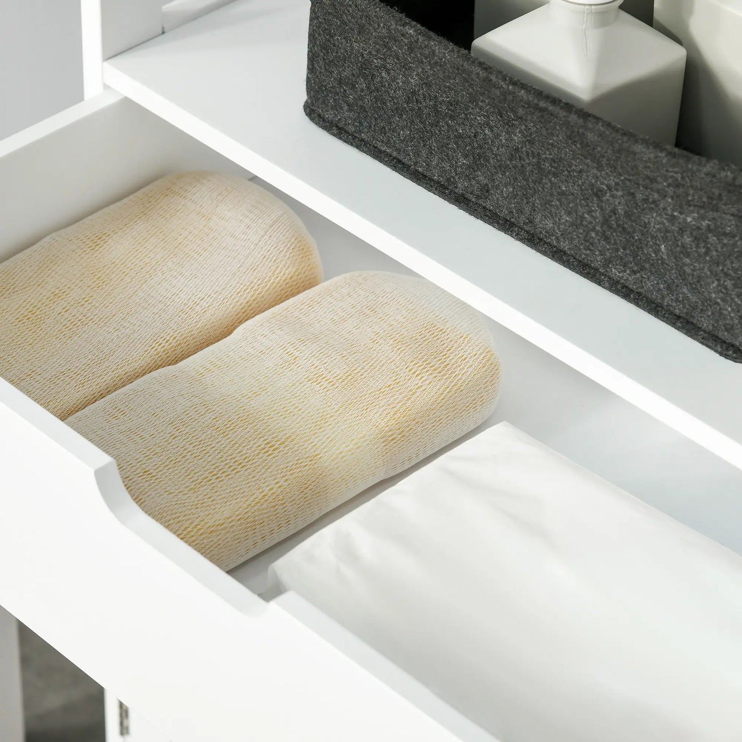 White Bathroom Floor Cabinet - Storage with Drawer, Open Shelves & Cupboard