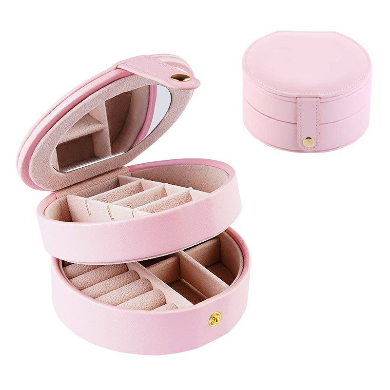 Round Jewellery Boxes Portable PU Leather Case 2 Layers Storage Organizer for Travel, Home