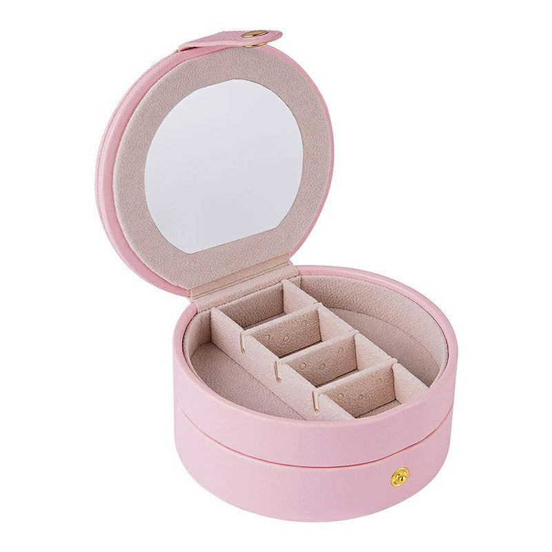 Round Jewellery Boxes Portable PU Leather Case 2 Layers Storage Organizer for Travel, Home