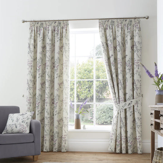 Jazmine Pair of Pencil Pleat Curtains With Tie-Backs by Dreams & Drapes Design in Heather