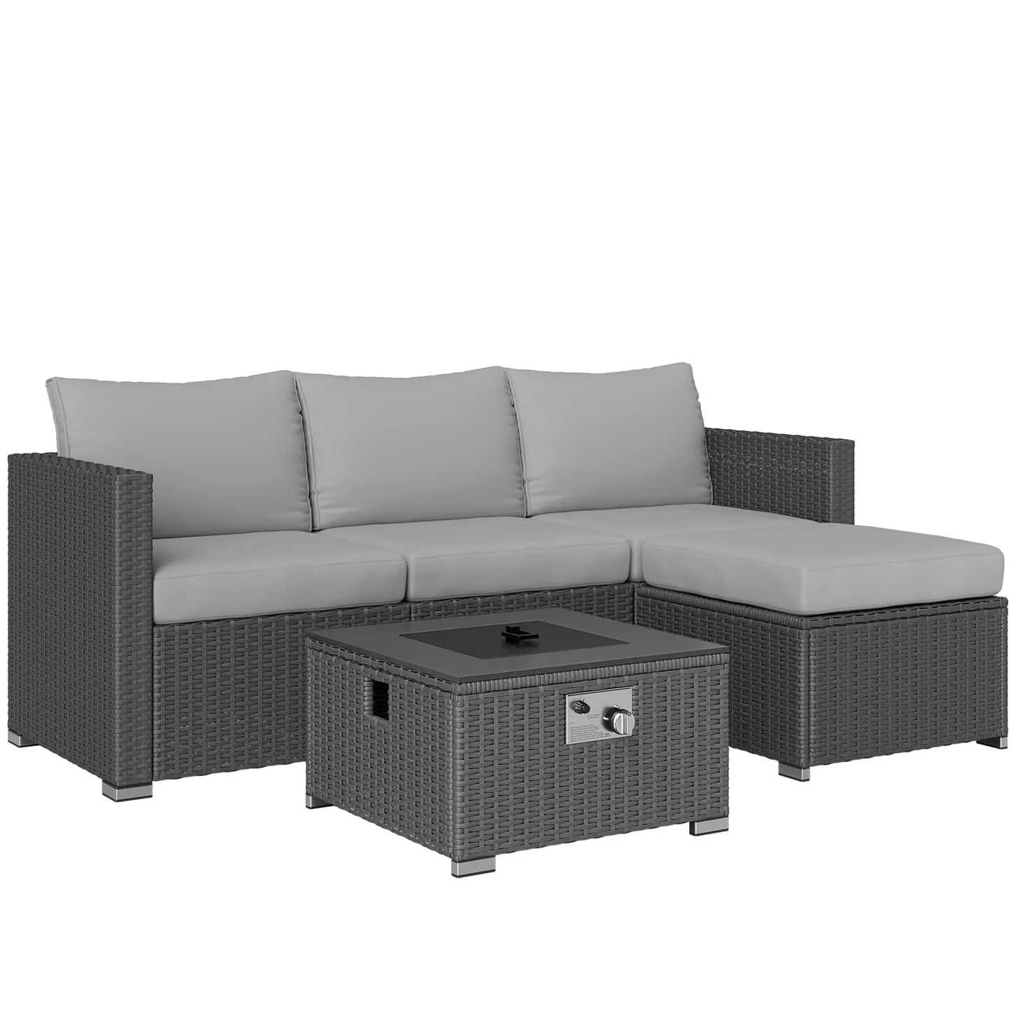 Five Piece Rattan Garden Furniture Set with Gas Fire Pit Table and Footstool - Grey