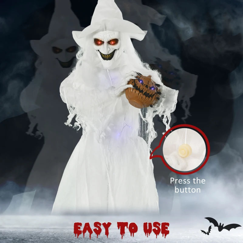 74 Inch Halloween Decorations White Witch Holding Pumpkin Head, Standing Skeleton Ghost Prop Life Size with Light Up Eyes and Body