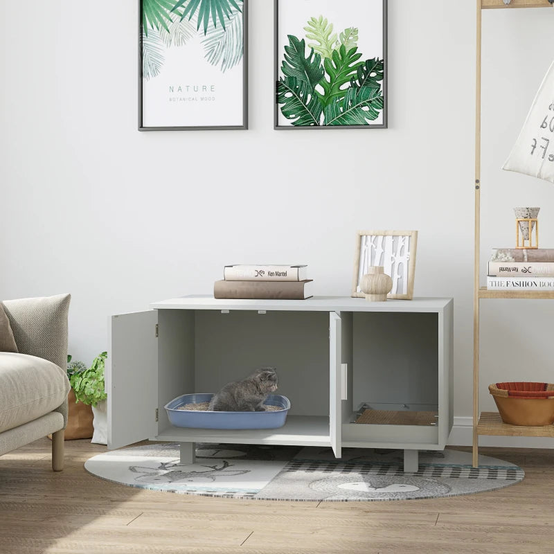 Wooden Cat Litter Box Enclosure & House with Nightstand/End Table Design, Scratcher, & Magnetic Doors, Grey