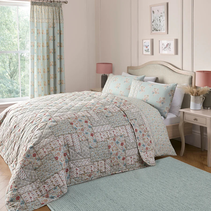 Lorena Patchwork Bedspread by Dreams & Drapes Design in Duck Egg