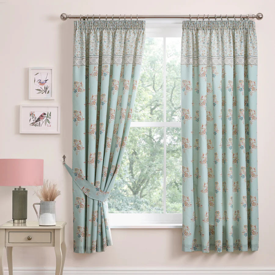 Lorena Patchwork Pair of Pencil Pleat Curtains With Tie-Backs by Dreams & Drapes Design in Duck Egg