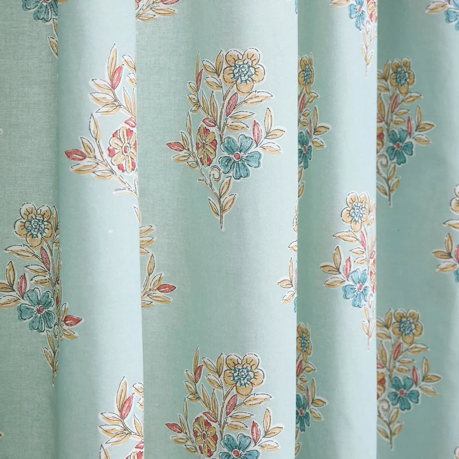 Lorena Patchwork Pair of Pencil Pleat Curtains With Tie-Backs by Dreams & Drapes Design in Duck Egg