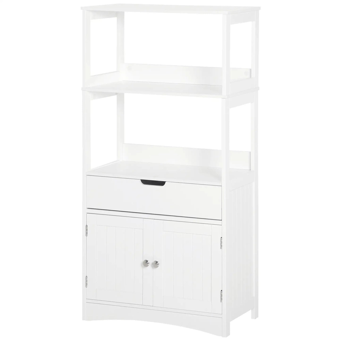 White Bathroom Floor Cabinet - Storage with Drawer, Open Shelves & Cupboard