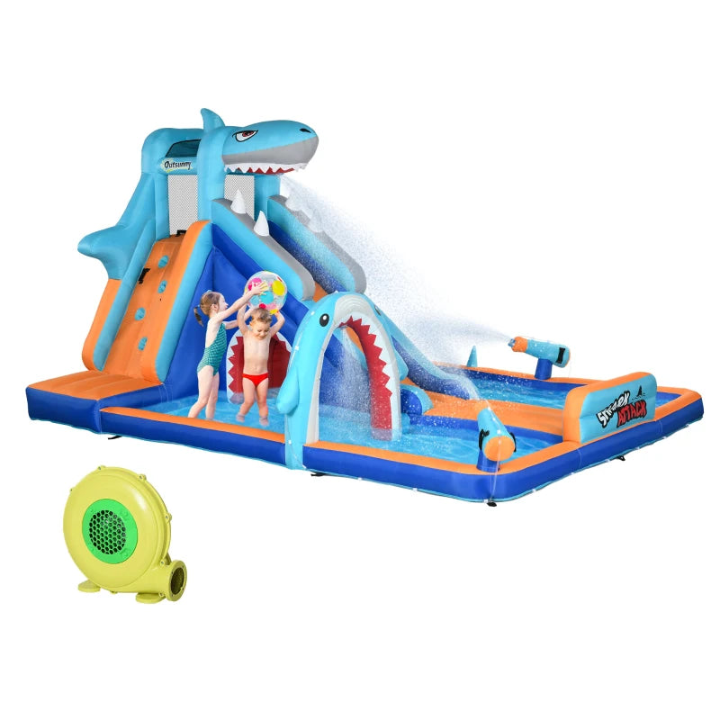 6 in 1 Shark-Themed Bouncy Castle, Inflatable Water Park, with Slide, Pool, Trampoline, Blower, for Ages 3-8 Years