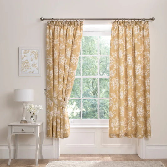 Mishka Pair of Pencil Pleat Curtains With Tie-Backs by Dreams & Drapes Design in Gold