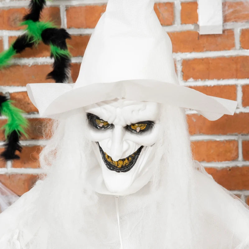 74 Inch Halloween Decorations White Witch Holding Pumpkin Head, Standing Skeleton Ghost Prop Life Size with Light Up Eyes and Body