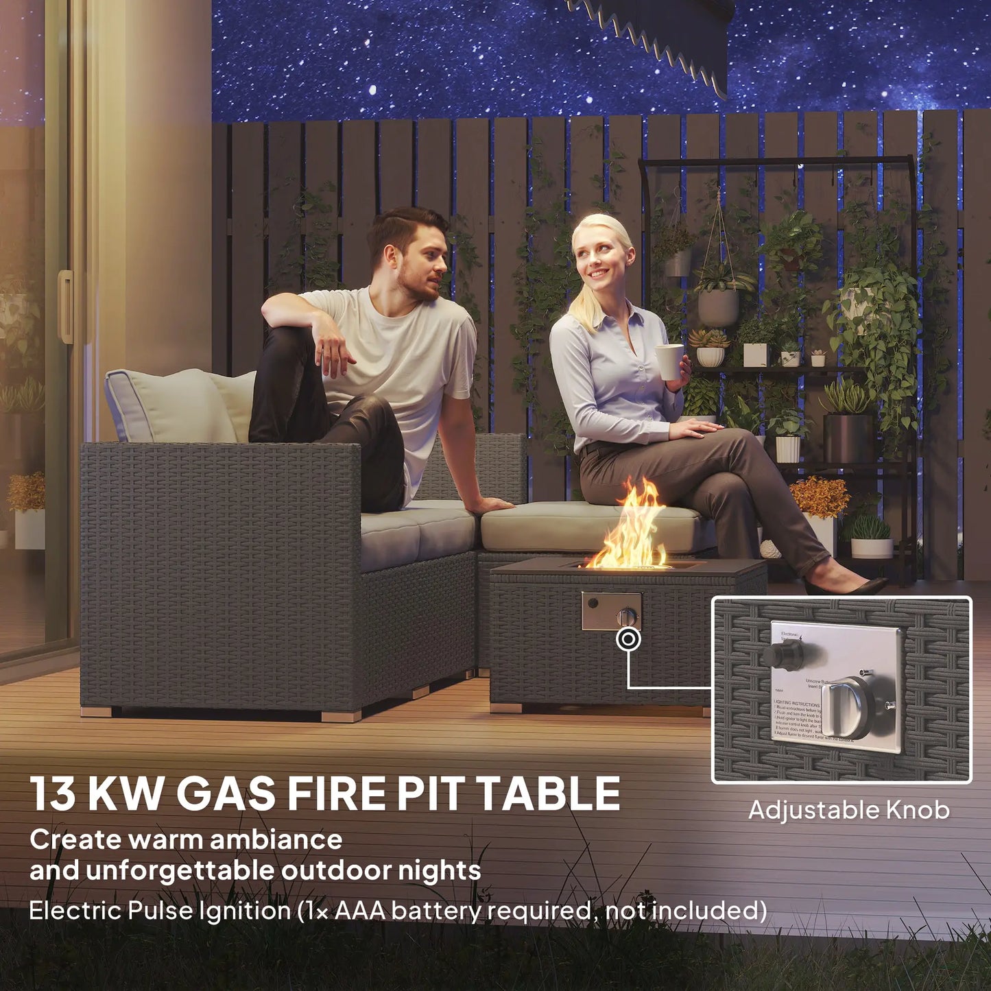 Five Piece Rattan Garden Furniture Set with Gas Fire Pit Table and Footstool - Grey