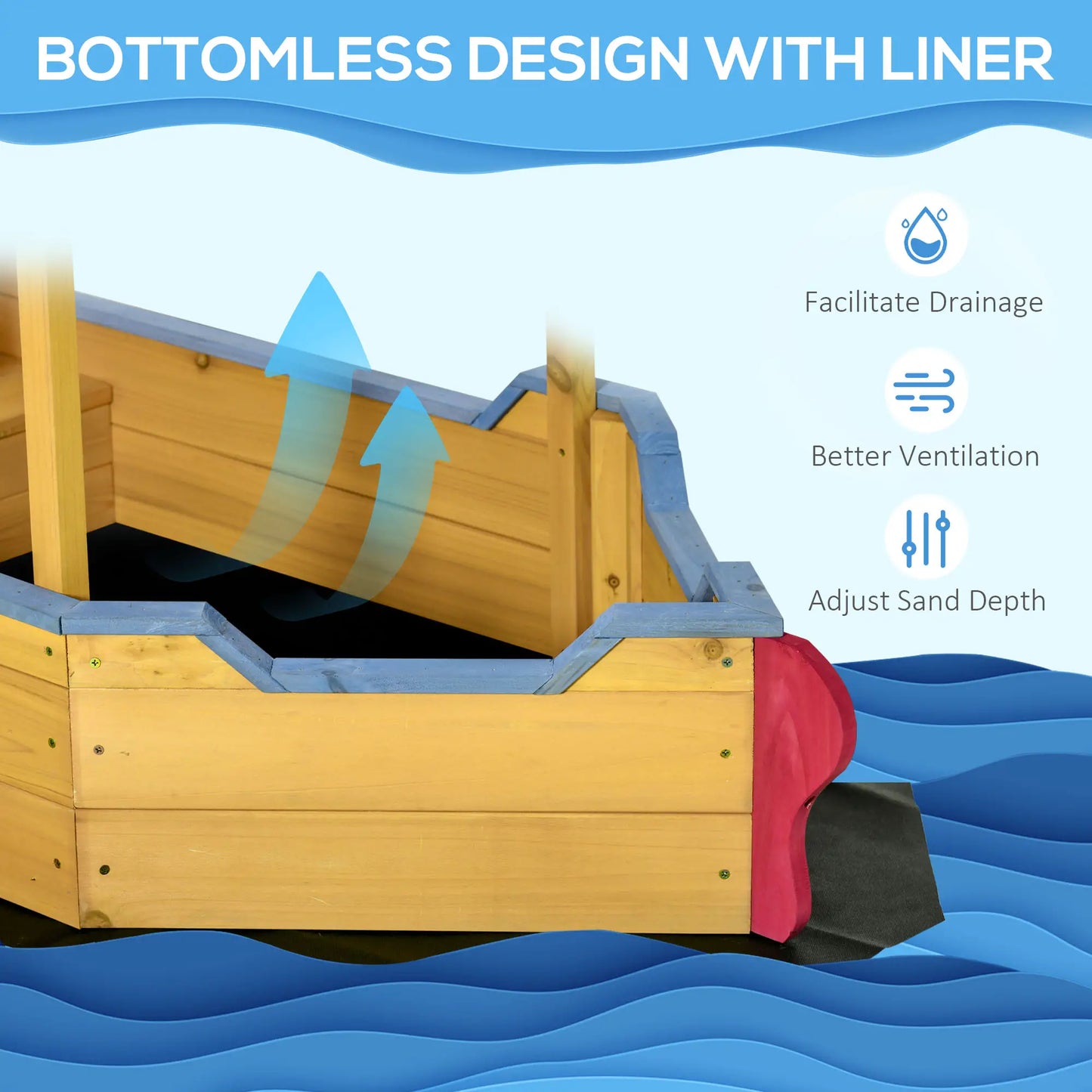 Kids Pirate Ship Wooden Sand Pit with Canopy Shade