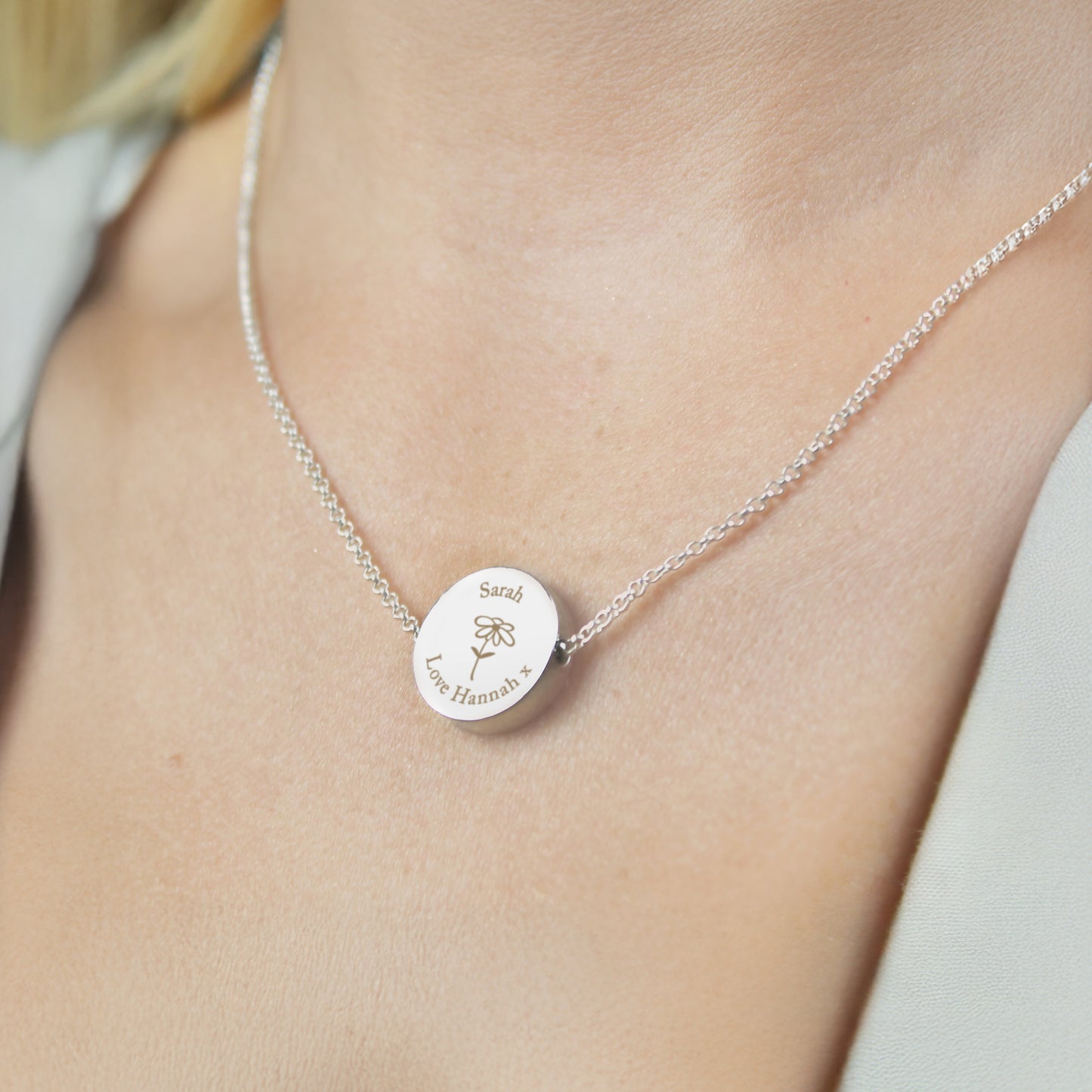 Personalised Silver Tone Flower Disc Necklace