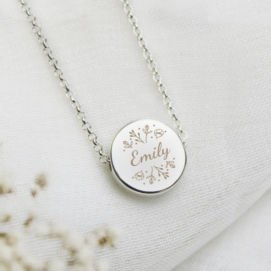 Personalised Silver Tone Wild Flowers Disc Necklace