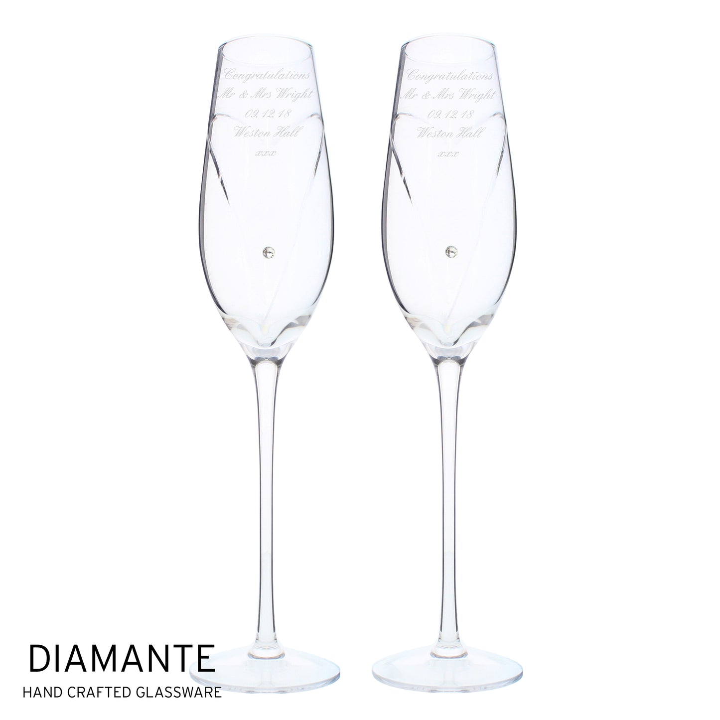 Personalised Hand Cut Heart Pair of Flutes with Gift Box