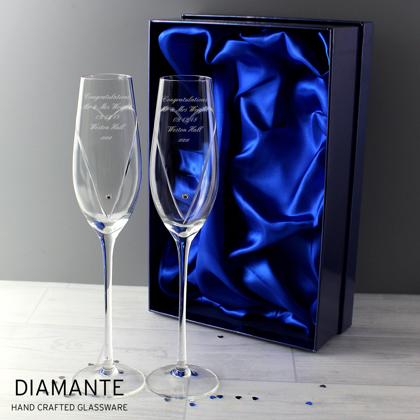 Personalised Hand Cut Heart Pair of Flutes with Gift Box