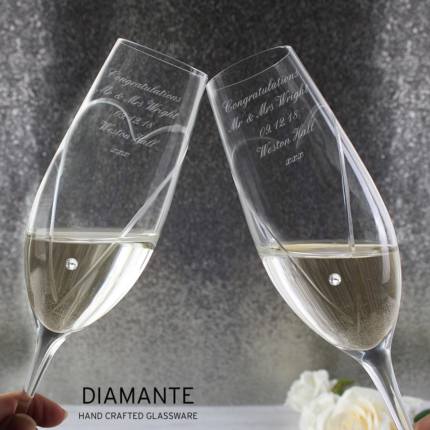 Personalised Hand Cut Heart Pair of Flutes with Gift Box