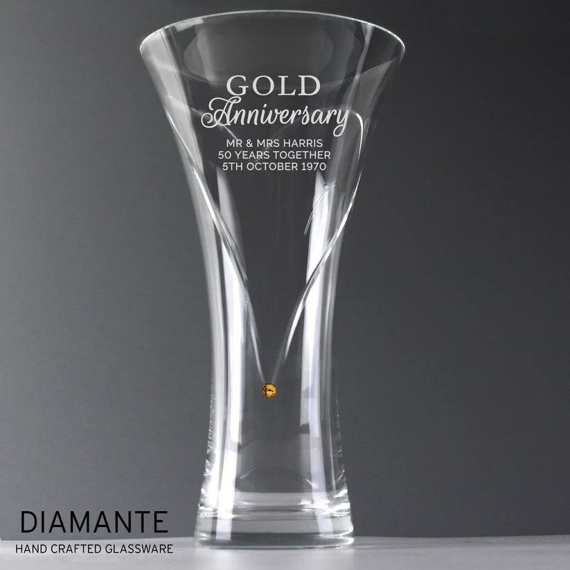 Personalised Gold Anniversary Large Hand Cut Diamante Heart Vase