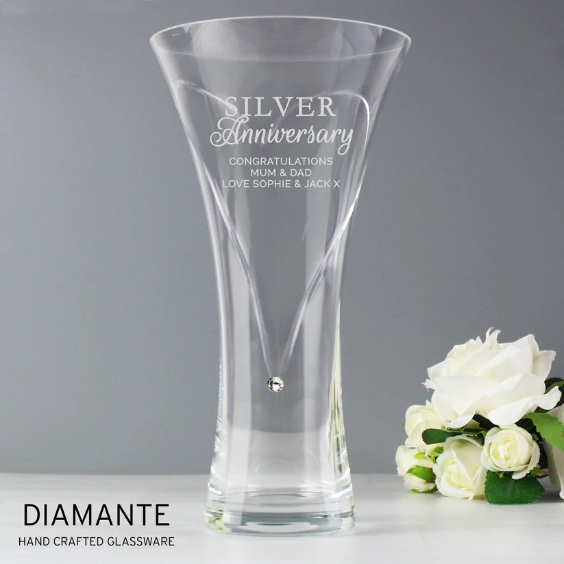 Personalised Silver Anniversary Large Hand Cut Diamante Heart Vase