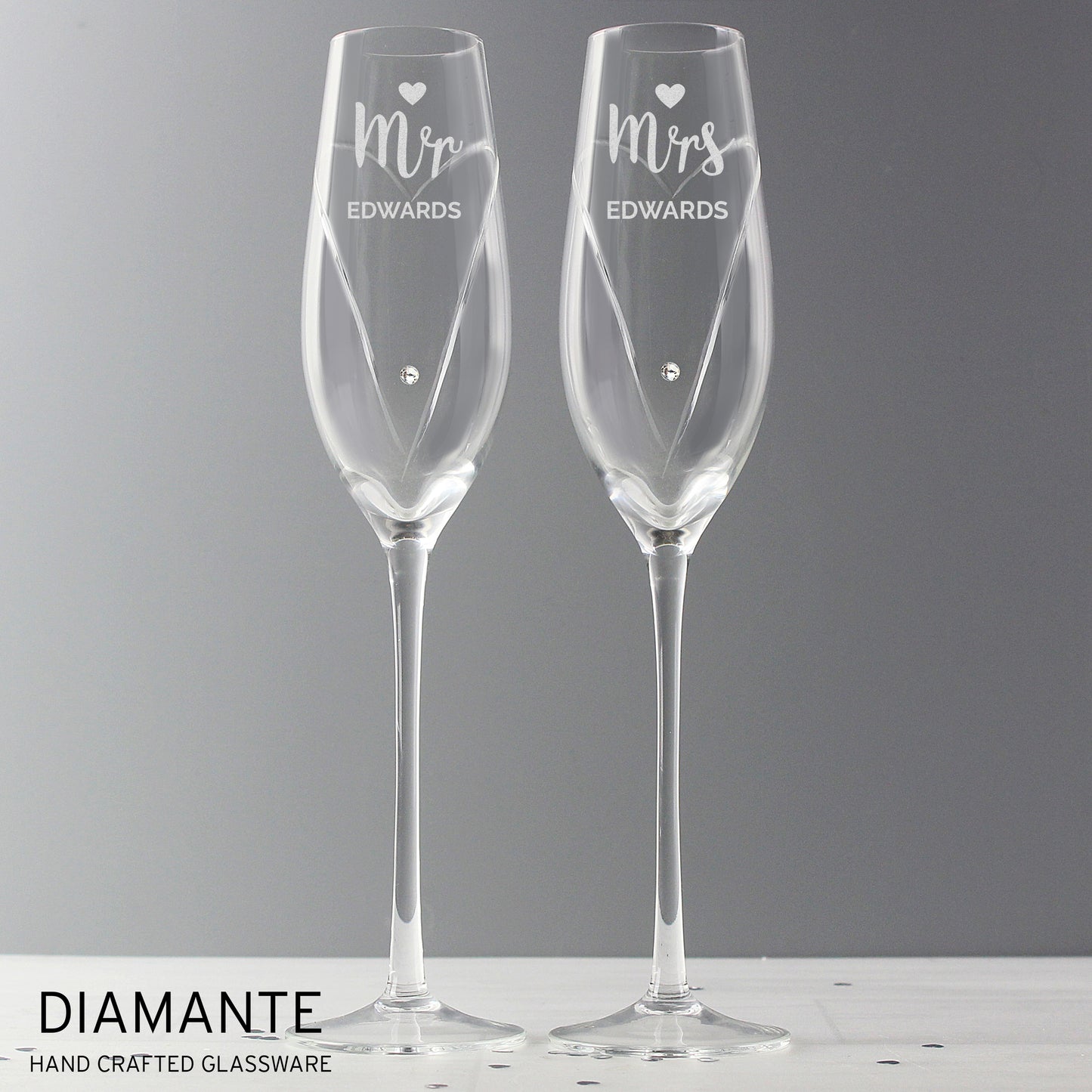 Personalised Hand Cut Mr & Mrs Pair of Flutes in Gift Box