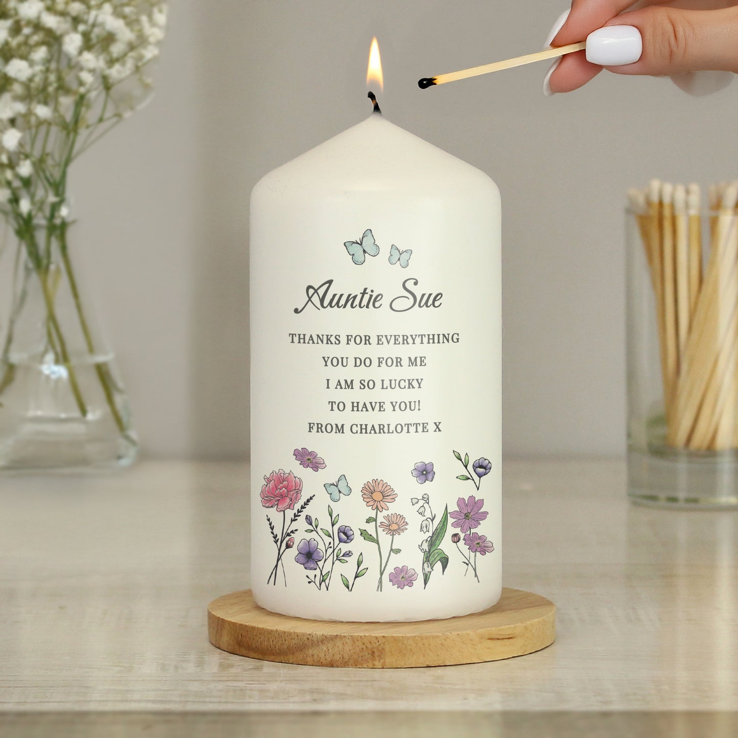 Personalised Wild Flowers Pillar Candle