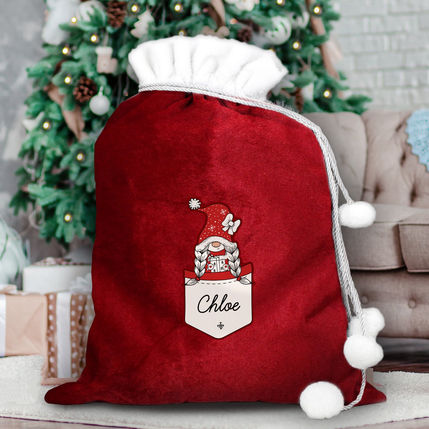 Personalised Gonk Family Red Christmas Sack - Girl