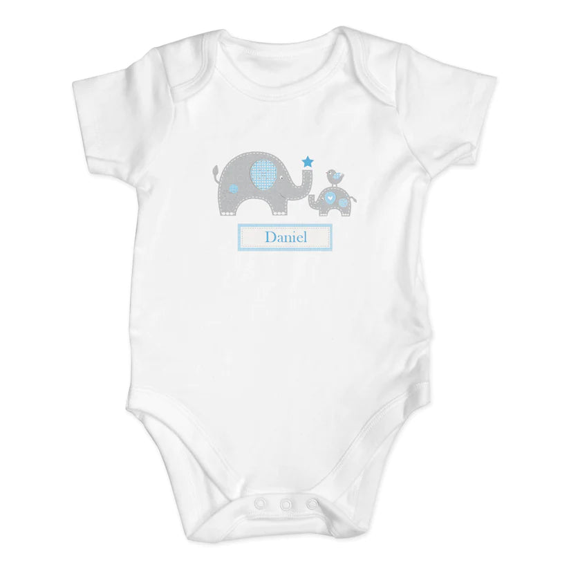 Personalised Blue Elephant 0-3 Months Baby Vest