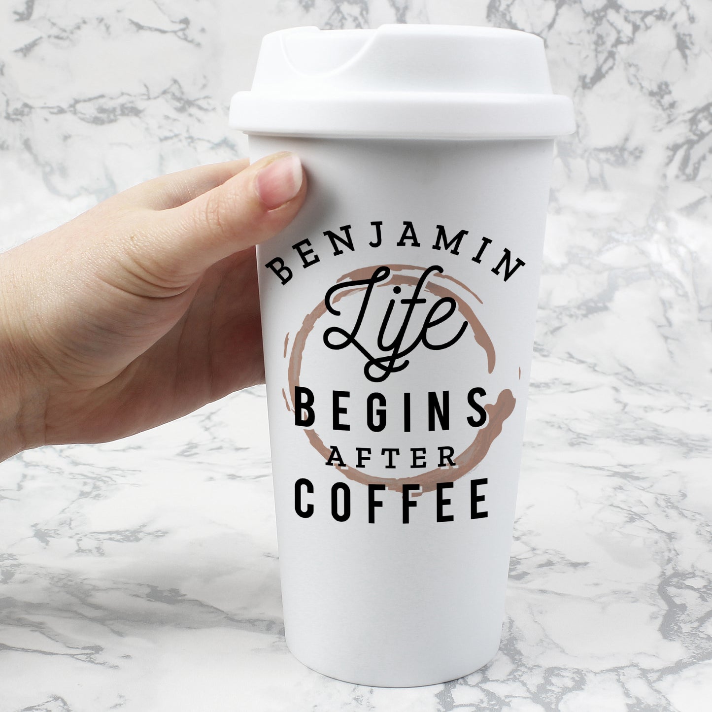 Personalised 'Life Begins After Coffee' Insulated Reusable Eco Travel Cup