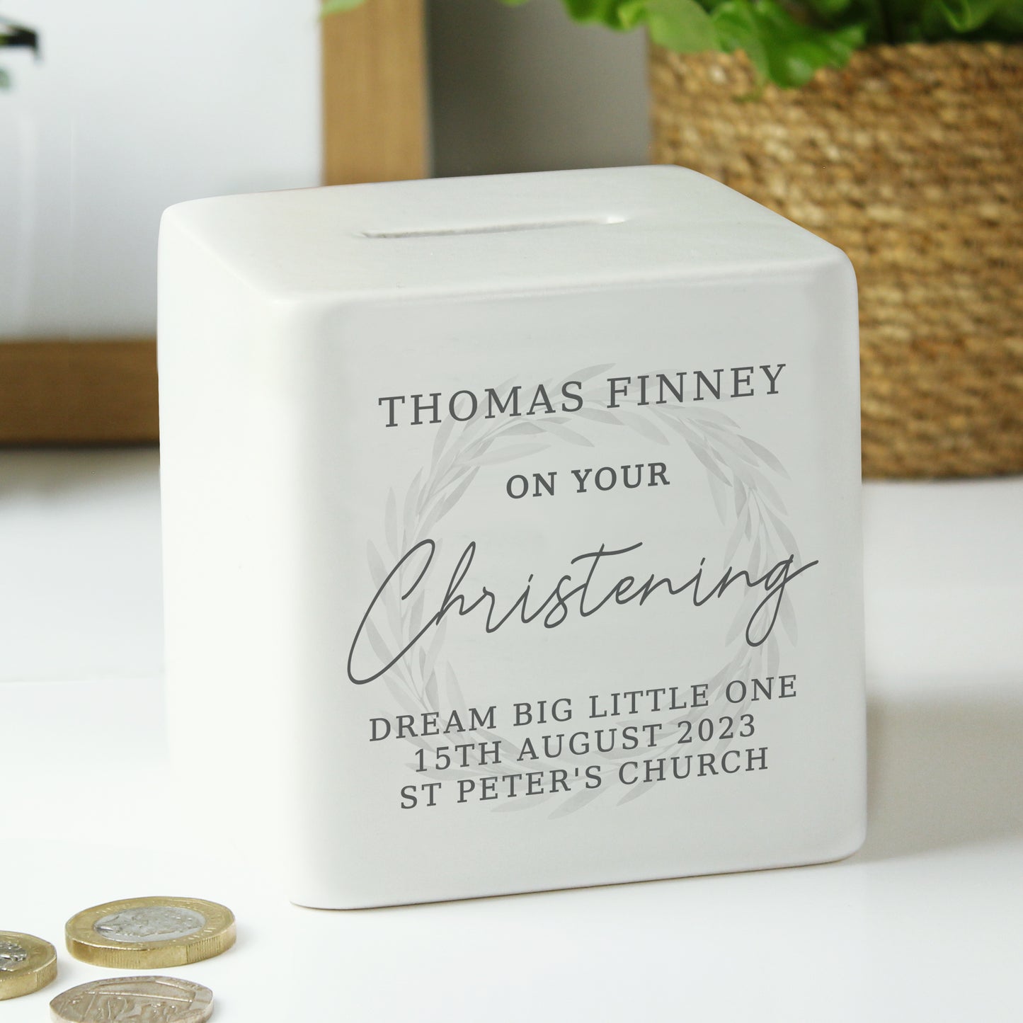 Personalised Christening Ceramic Square Money Box