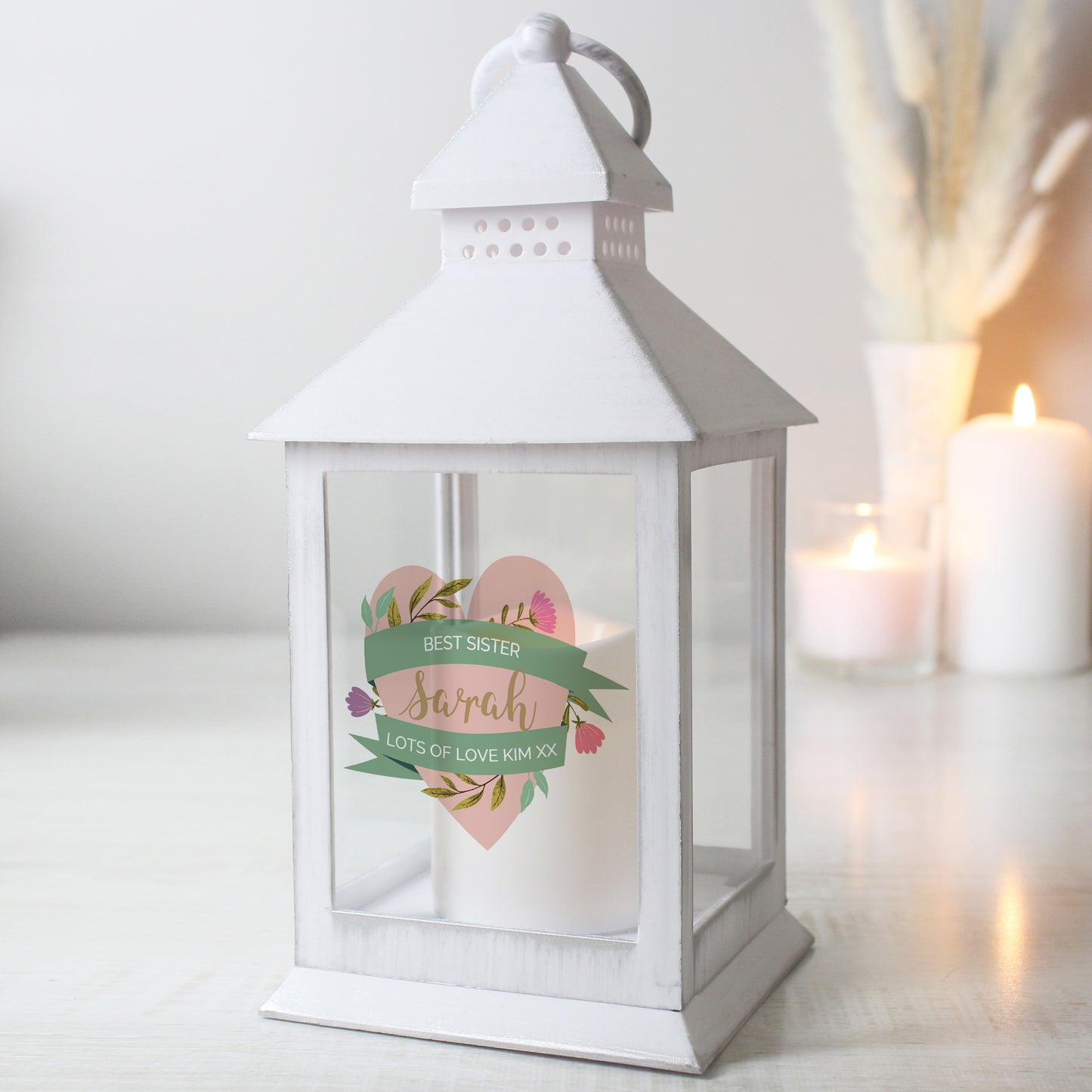 Personalised Floral Heart Mothers Day White Lantern