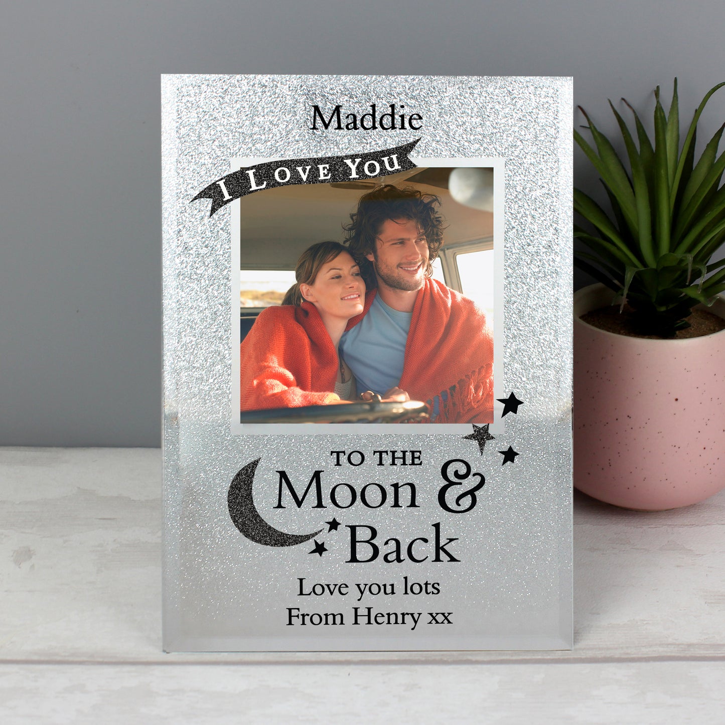 Personalised To the Moon and Back 4x4 Glitter Glass Photo Frame